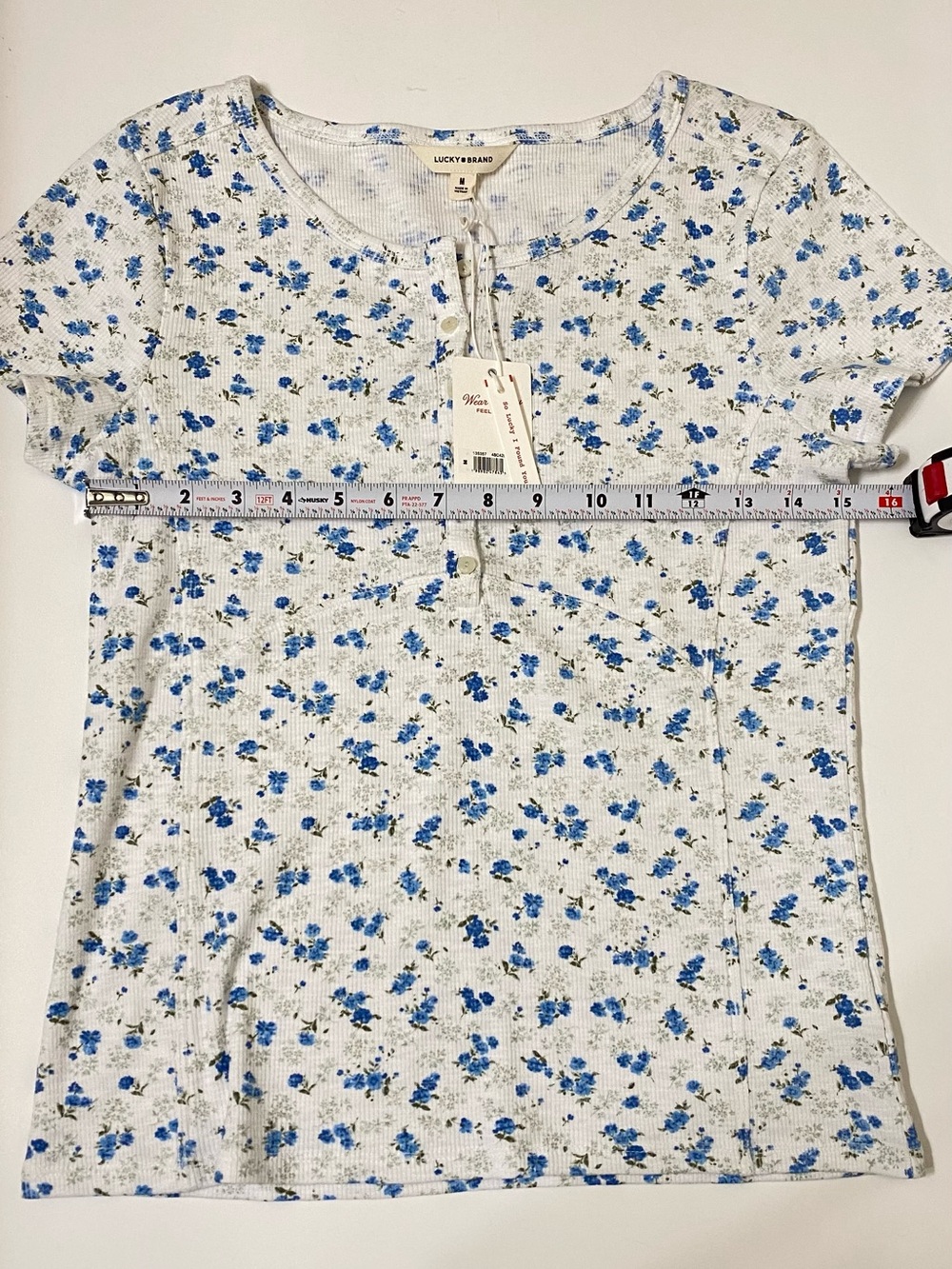 Lucky Brand White Short Sleeve Henley with Blue Floral Print - Picture 6 of 10